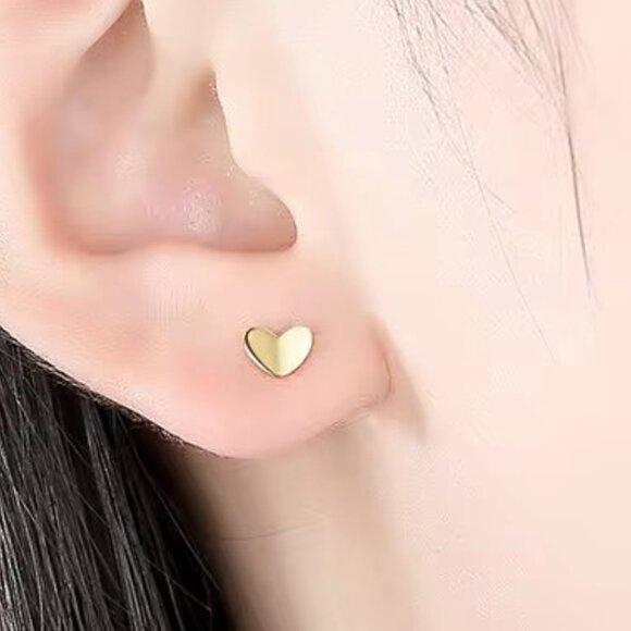 Dainty Gold Concave Heart Stud Earrings. 925 Sterling Silver. #1030 - Picture 2 of 3